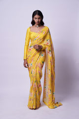 Yellow floral print saree & Blouse set