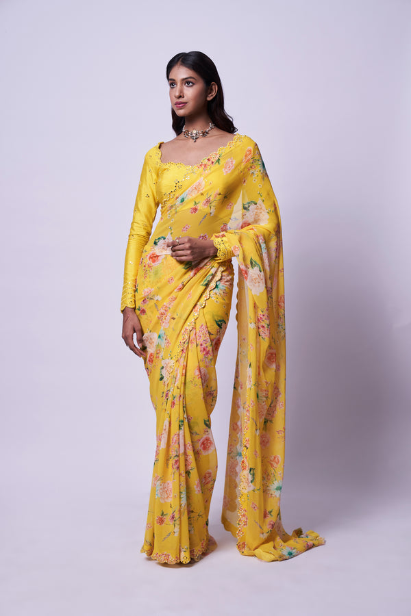 Yellow floral print saree & Blouse set
