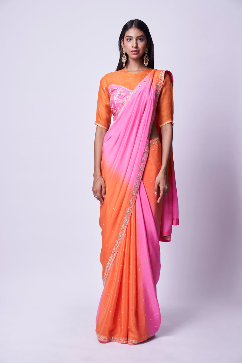 Double shaded pink and orange embroidered saree & Blouse set