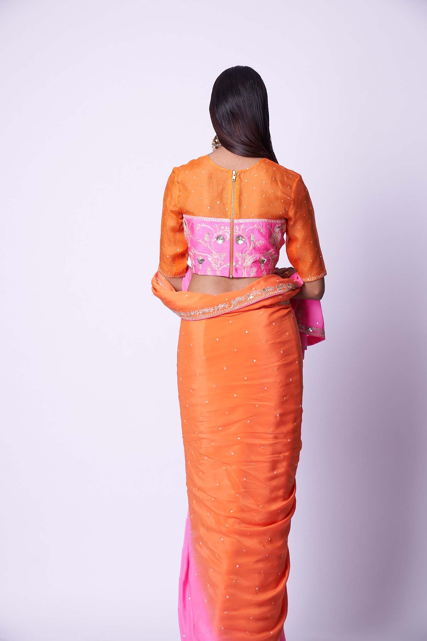 Double shaded pink and orange embroidered saree & Blouse set