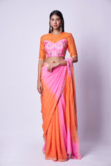 Double shaded pink and orange embroidered saree & Blouse set