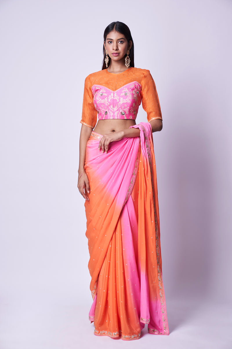 Double shaded pink and orange embroidered saree & Blouse set