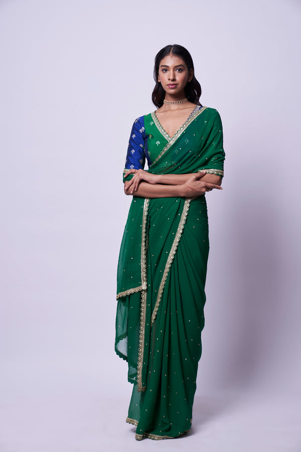 Emerald Green embroidered saree & Blouse set