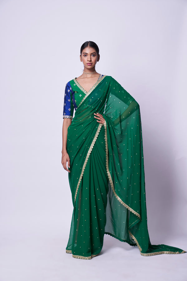 Emerald Green embroidered saree & Blouse set