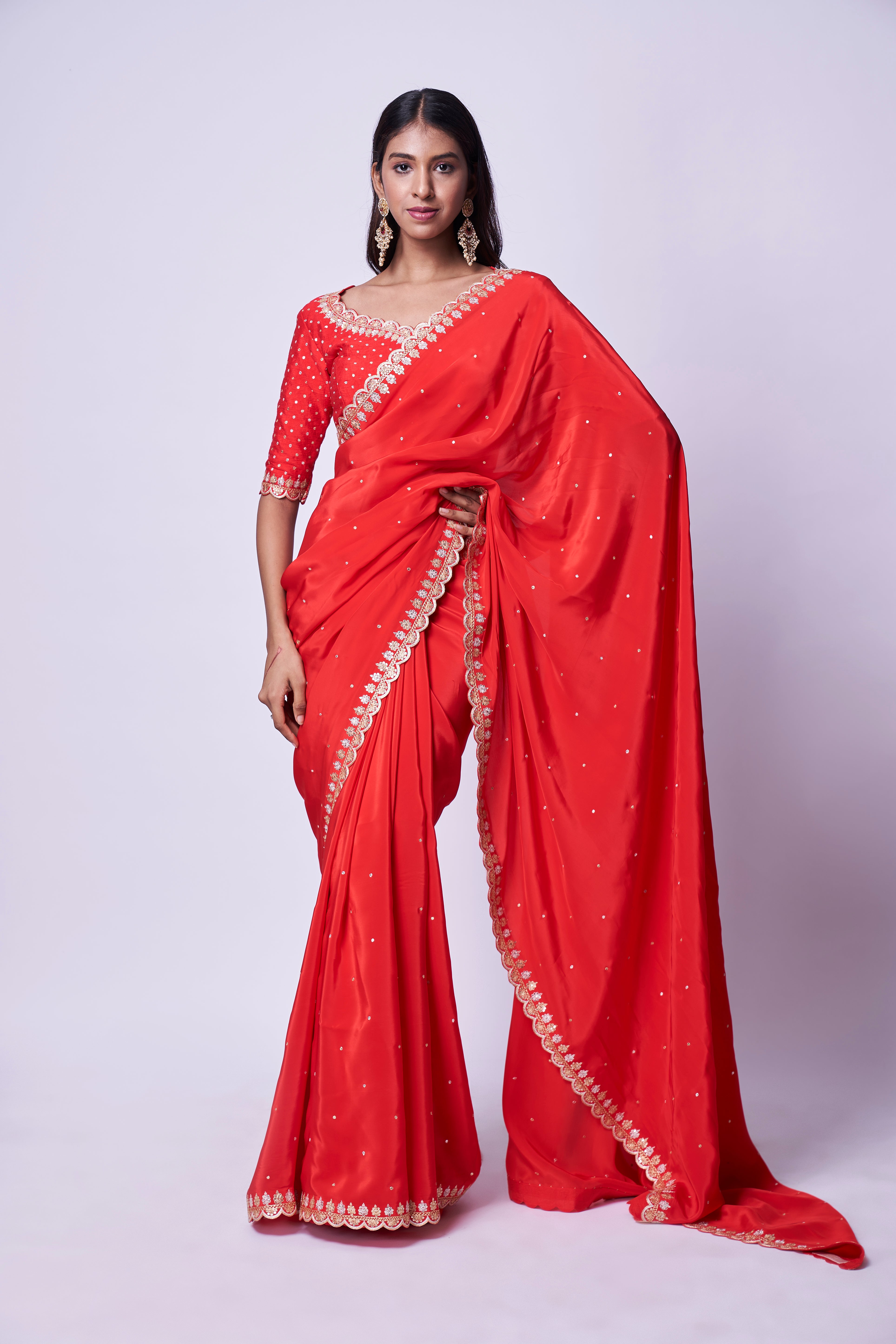 Kumkum Red Crush Tissue Saree with Embroidered Blouse