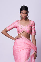 Pink embroidered organza saree & sweetheart neck Blouse set