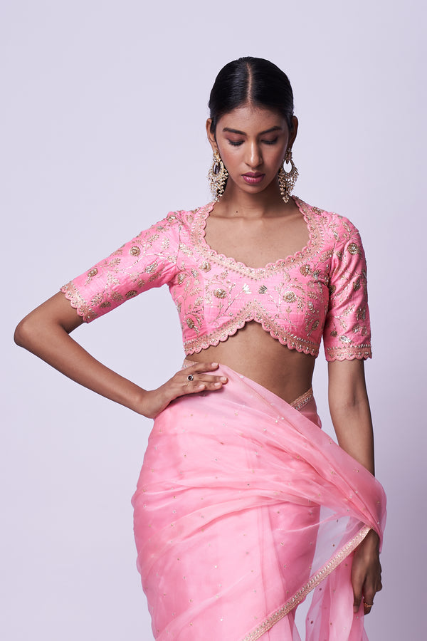 Pink embroidered organza saree & sweetheart neck Blouse set