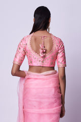 Pink embroidered organza saree & sweetheart neck Blouse set
