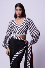 Stripes printed blouse with striped border saree