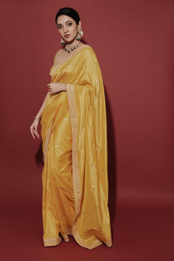 Neha saree -  mustard Crepe embroidered saree with embroidered blouse