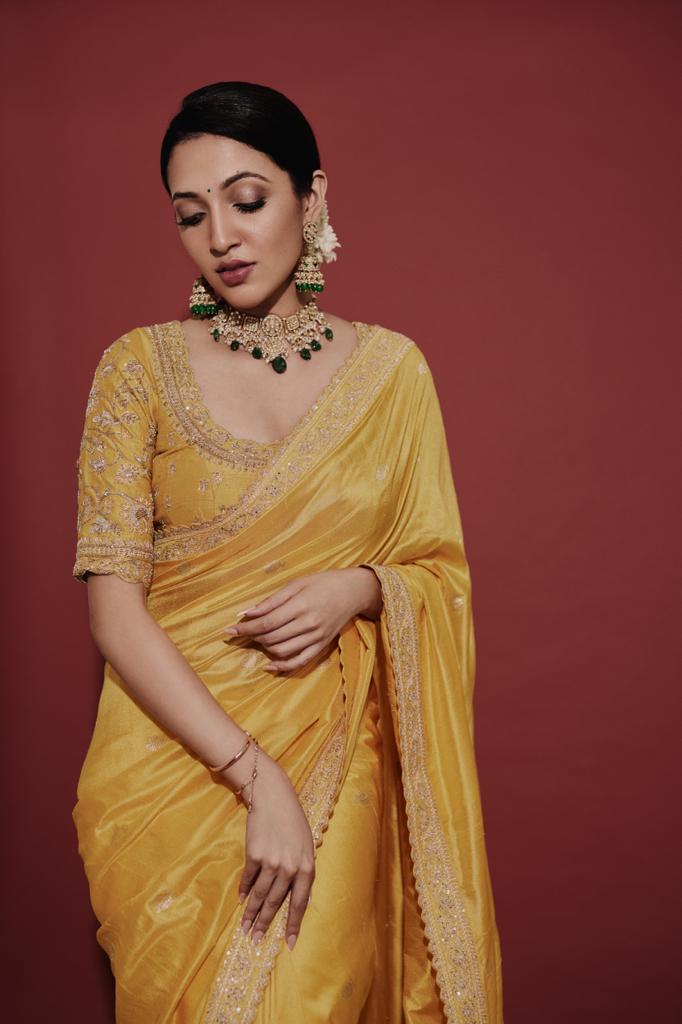 Neha saree -  mustard Crepe embroidered saree with embroidered blouse