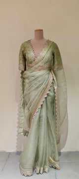 Aishwarya Saree - Zardosi Embroidered sage green organza saree