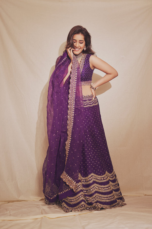 Scalloped Embroidery Lehanga - Violet