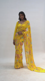 Yellow floral print saree & Blouse set