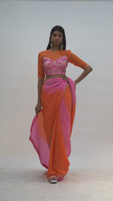 Double shaded pink and orange embroidered saree & Blouse set