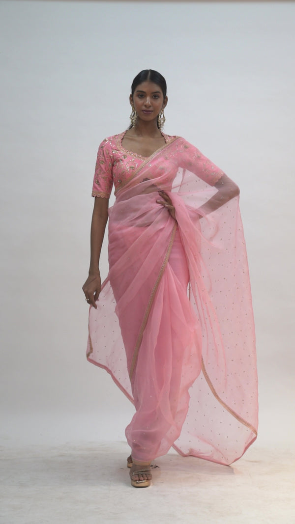 Pink embroidered organza saree & sweetheart neck Blouse set