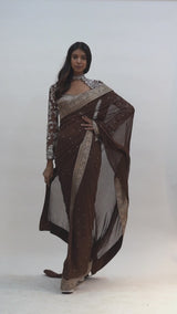 Brown zari embroidered saree & Blouse set