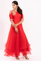 Red layered embroidred long organza dress with belt