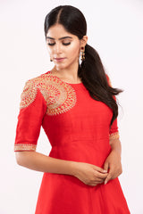 Red layered embroidred long organza dress with belt