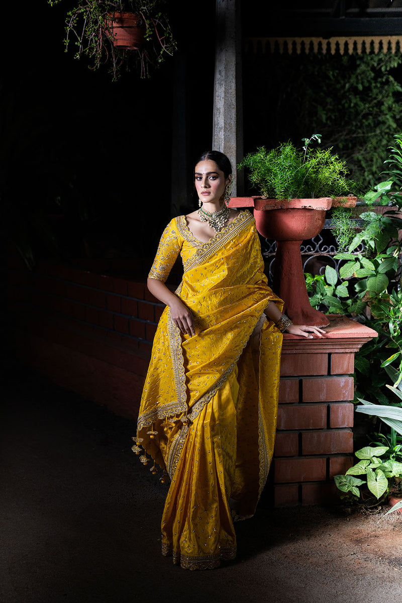 Kanchipuram Tissue Embroidered Saree - Golden Yellow