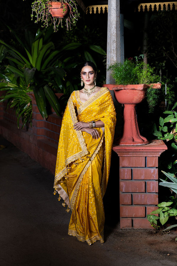 Kanchipuram Tissue Embroidered Saree - Golden Yellow