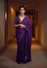 Scalloped Crepe Saree with embroidered blouse - Purple