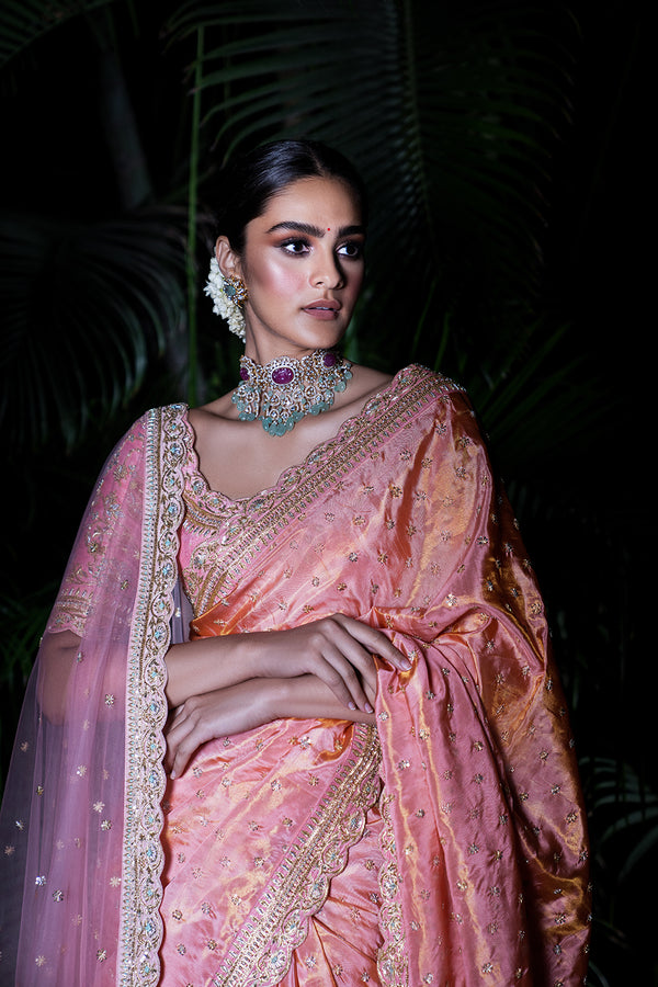 Kanchipuram Tissue Embroidered Saree - Baby Pink