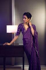 Scalloped Crepe Saree with embroidered blouse - Purple