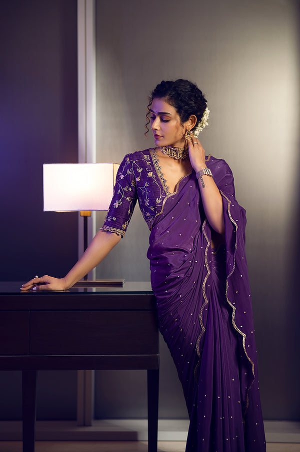 Scalloped Crepe Saree with embroidered blouse - Purple