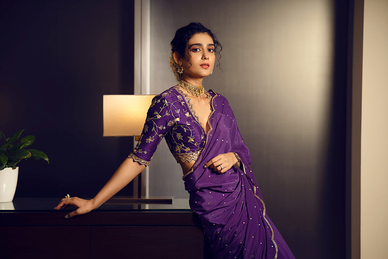 Scalloped Crepe Saree with embroidered blouse - Purple