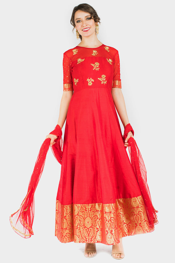 Red embroidered Banaras Dress