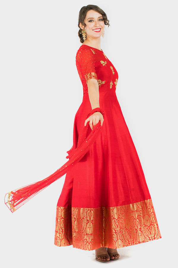 Red embroidered Banaras Dress