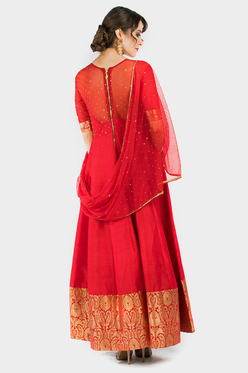 Red embroidered Banaras Dress
