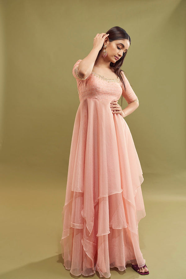 Hitha Layered Organza Dress - Rose Gold