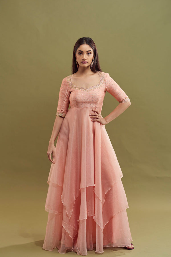 Hitha Layered Organza Dress - Rose Gold