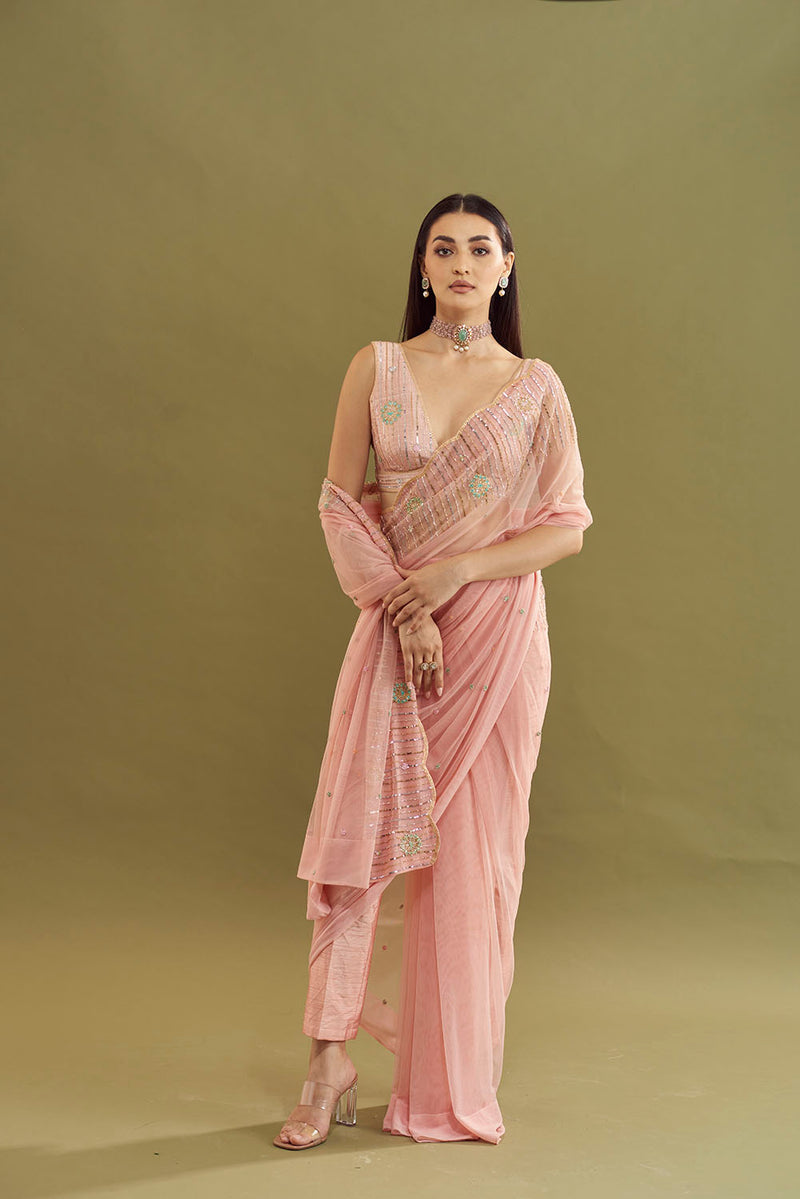Pallavi Stitched Pant Saree - Rose Gold