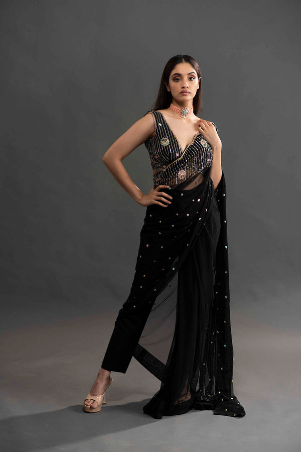 Stitched Pant Saree - Black