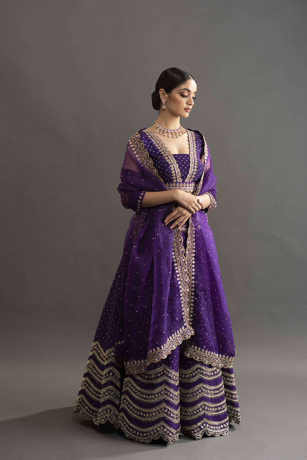Scalloped Embroidery Lehanga - Violet