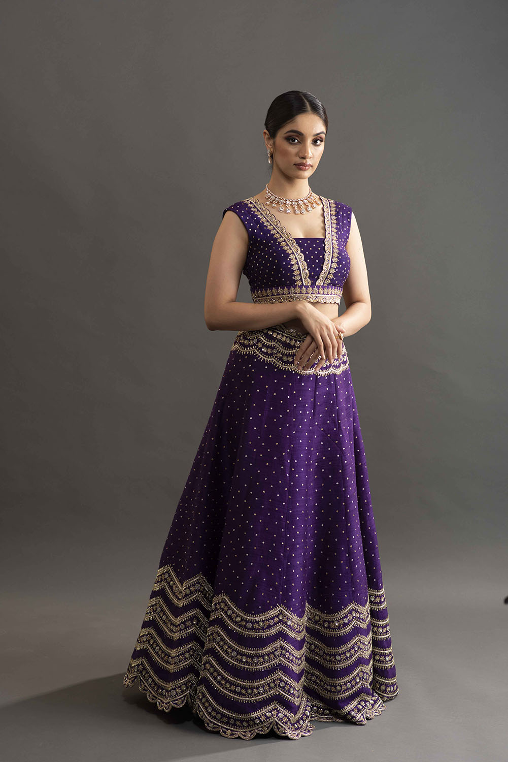 Scalloped Embroidery Lehanga - Violet