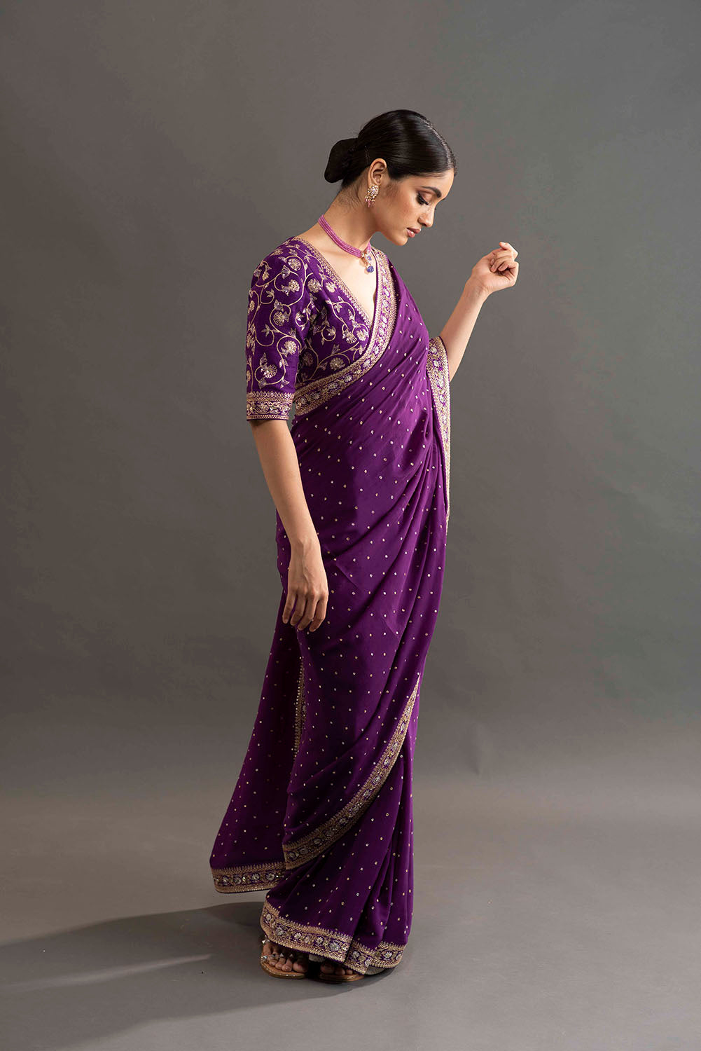 Shreya in Embroidered Crepe Saree - Purple