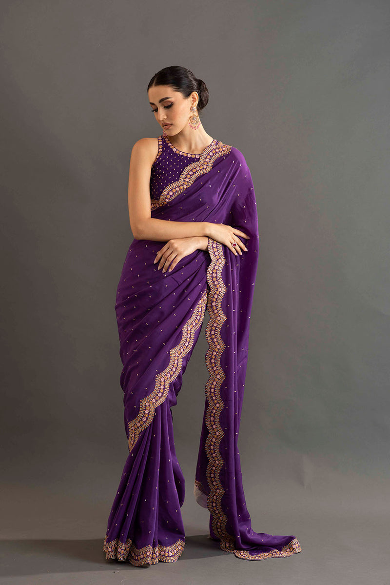 Gia Embroidered Crepe saree - Violet
