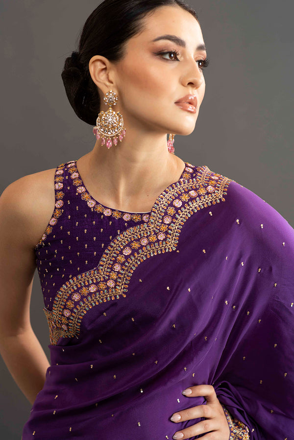 Gia Embroidered Crepe saree - Violet