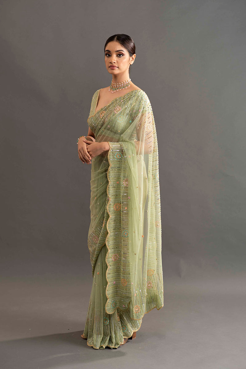 Chloe Embroidered Net Saree - Glass Green