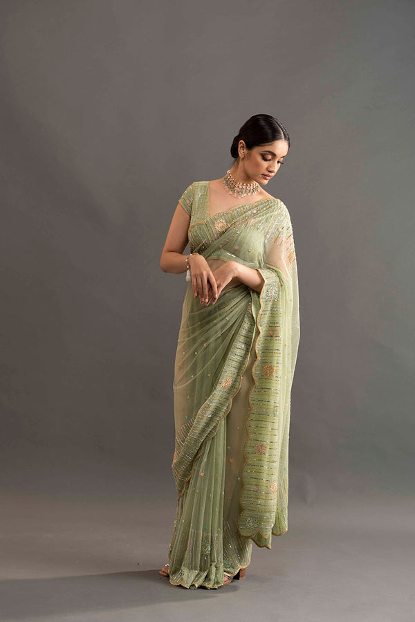 Chloe Embroidered Net Saree - Glass Green