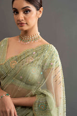 Chloe Embroidered Net Saree - Glass Green