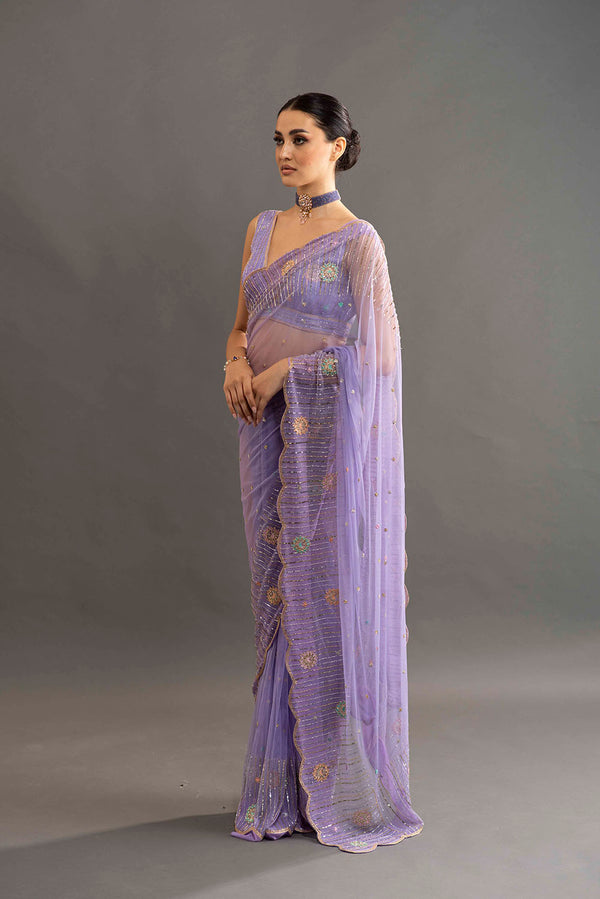Chloe Embroidered Net Saree - Lavender