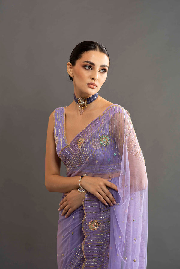Chloe Embroidered Net Saree - Lavender