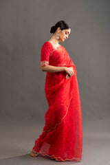 Rekha Scalloped Organza saree - Red