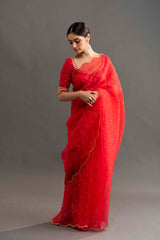 Rekha Scalloped Organza saree - Red