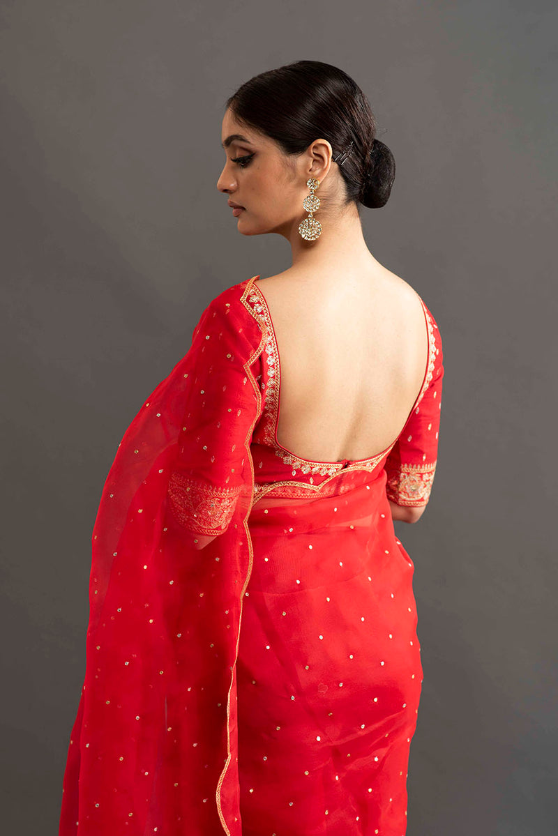 Rekha Scalloped Organza saree - Red